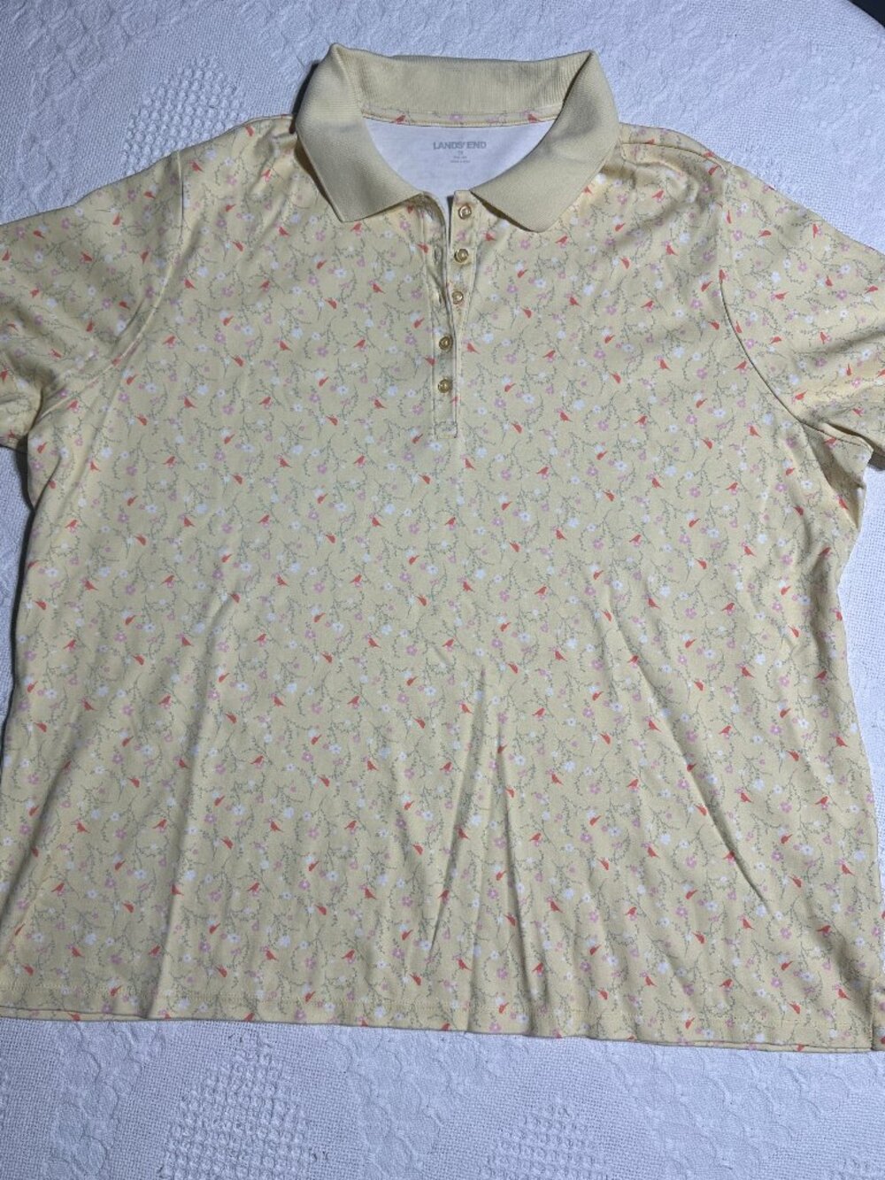 Lands’ End 1X Yellow Floral Bird Print Supima Cotton Polo Shirt